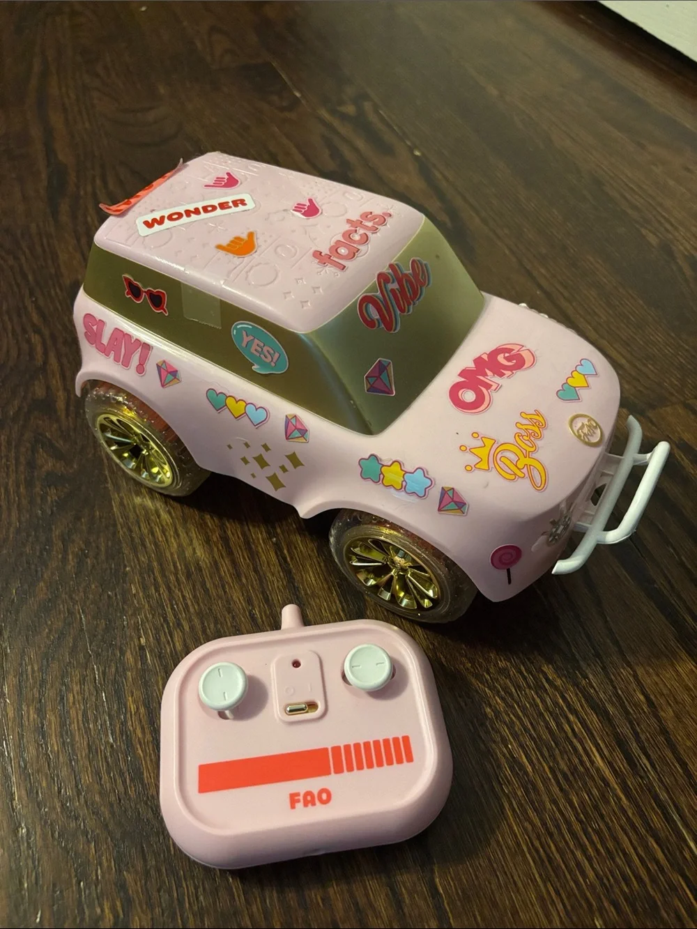 FAO Schwarz Pink Remote Control Stickered Toy Car with Gold Wheels